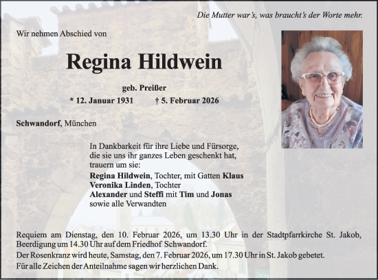 Traueranzeige von Regina Hildwein von Landkreis Schwandorf
