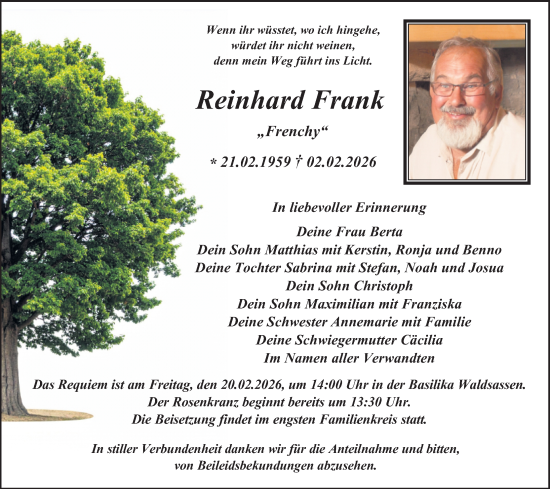Traueranzeige von Reinhard Frank von Tirschenreuth + Eschenbach - Kemnath - Erbendorf