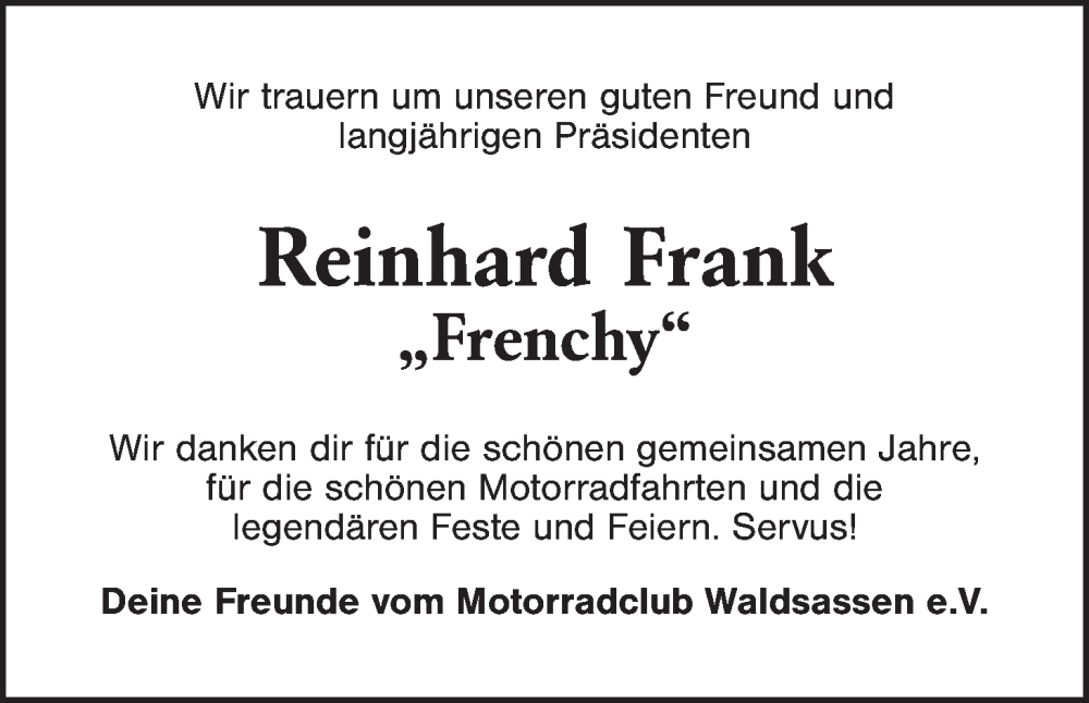  Traueranzeige für Reinhard Frank vom 17.02.2026 aus Tirschenreuth + Eschenbach - Kemnath - Erbendorf