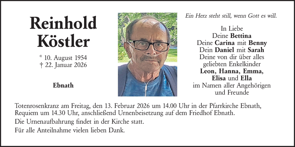  Traueranzeige für Reinhold Köstler vom 07.02.2026 aus Tirschenreuth + Eschenbach - Kemnath - Erbendorf