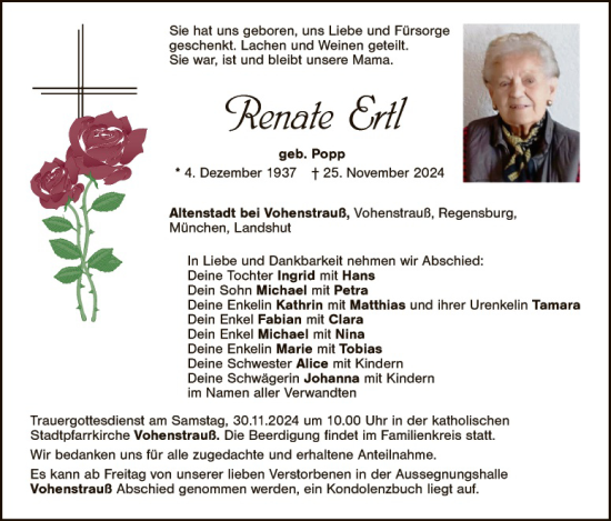 Traueranzeige von Renate Ertl von Landkreis Schwandorf und Vohenstrauß
