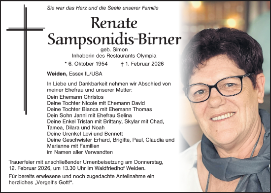 Traueranzeige von Renate Sampsonidis-Birner von Hauptausgabe Weiden