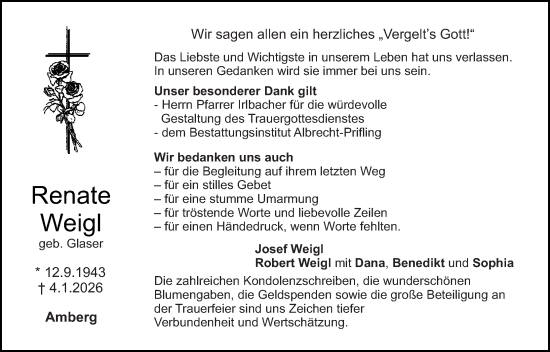 Traueranzeige von Renate Weigl von Hauptausgabe Amberg