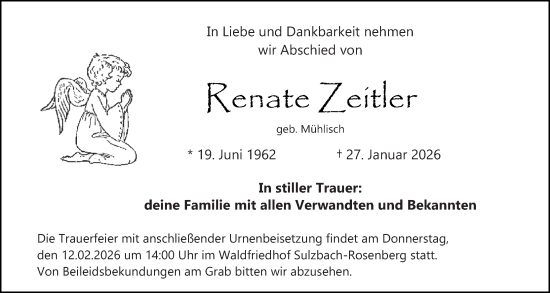Traueranzeige von Renate Zeitler von Hauptausgabe Amberg