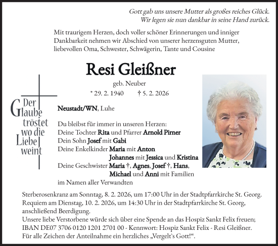 Traueranzeige von Resi Gleißner von Hauptausgabe Weiden