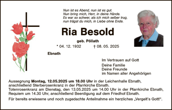 Traueranzeige von Ria Besold von Tirschenreuth + Eschenbach - Kemnath - Erbendorf