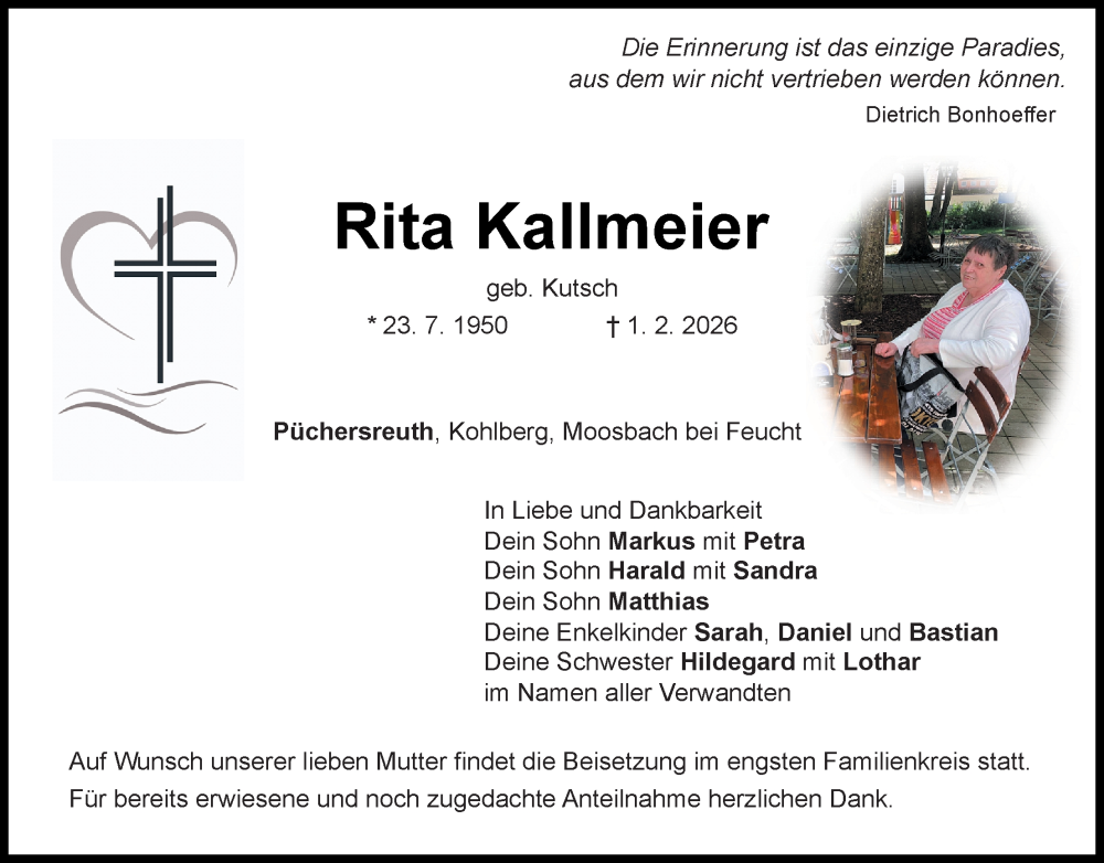  Traueranzeige für Rita Kallmeier vom 04.02.2026 aus Hauptausgabe Weiden