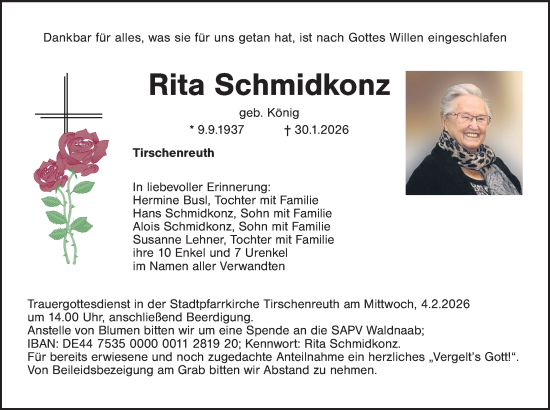 Traueranzeige von Rita Schmidkonz von Tirschenreuth + Eschenbach - Kemnath - Erbendorf