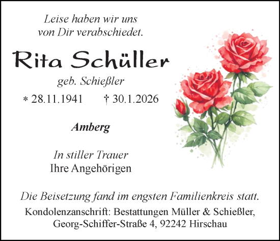 Traueranzeige von Rita Schüller von Hauptausgabe Amberg