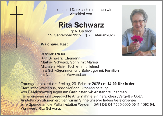 Traueranzeige von Rita Schwarz von Landkreis Schwandorf und Vohenstrauß