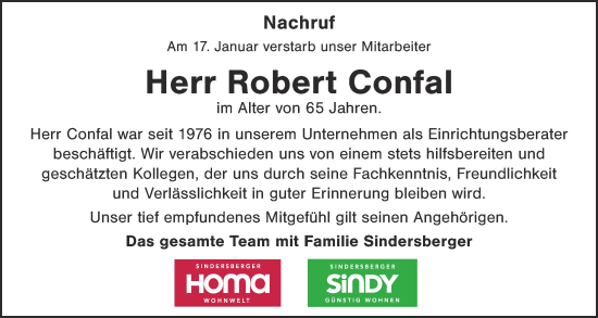 Traueranzeige von Robert Confal von Hauptausgabe Weiden