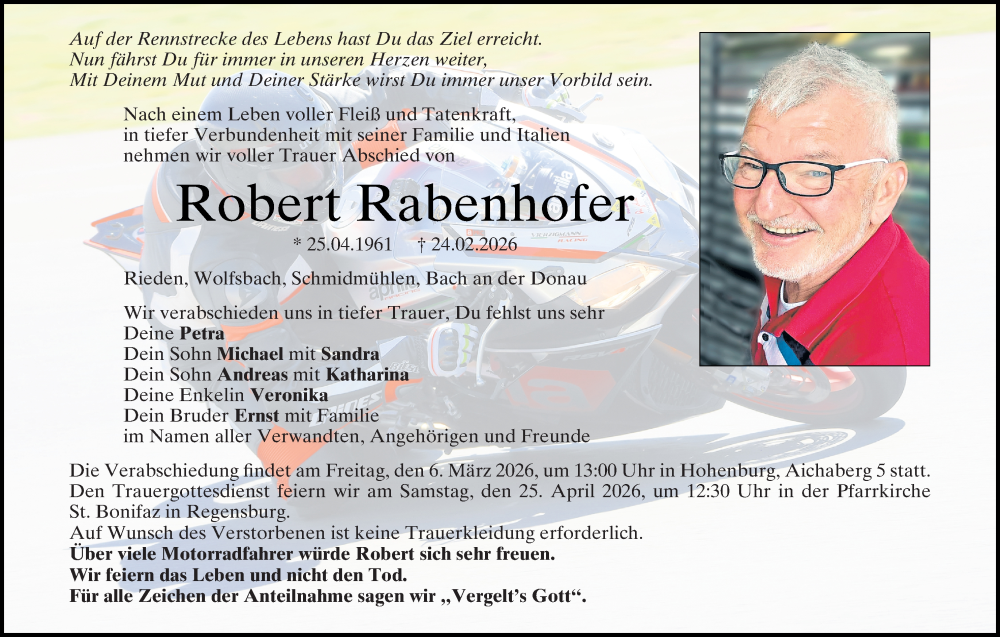  Traueranzeige für Robert Rabenhofer vom 28.02.2026 aus Hauptausgabe Amberg