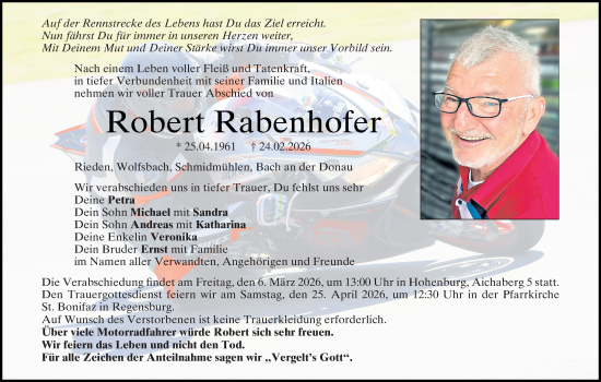 Traueranzeige von Robert Rabenhofer von Hauptausgabe Amberg