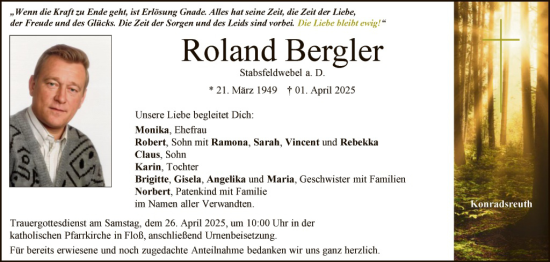 Traueranzeige von Roland Bergler von Hauptausgabe Weiden