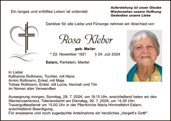 Traueranzeige von Rosa Kleber von Hauptausgabe Weiden