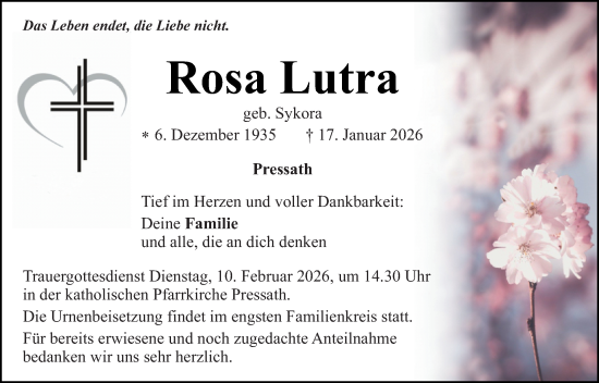 Traueranzeige von Rosa Lutra von Tirschenreuth + Eschenbach - Kemnath - Erbendorf