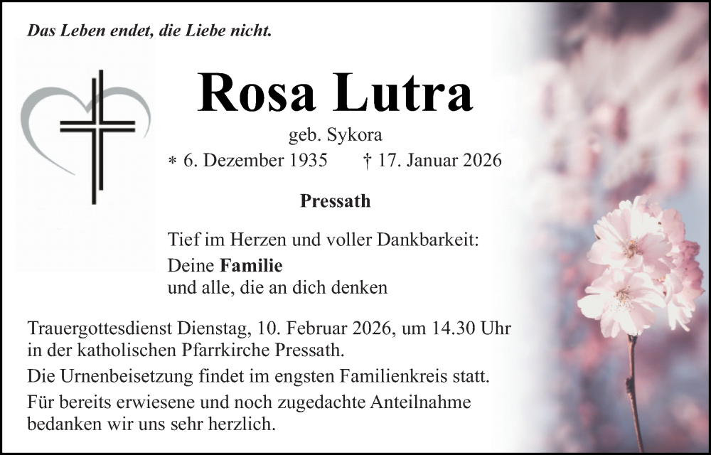  Traueranzeige für Rosa Lutra vom 04.02.2026 aus Tirschenreuth + Eschenbach - Kemnath - Erbendorf