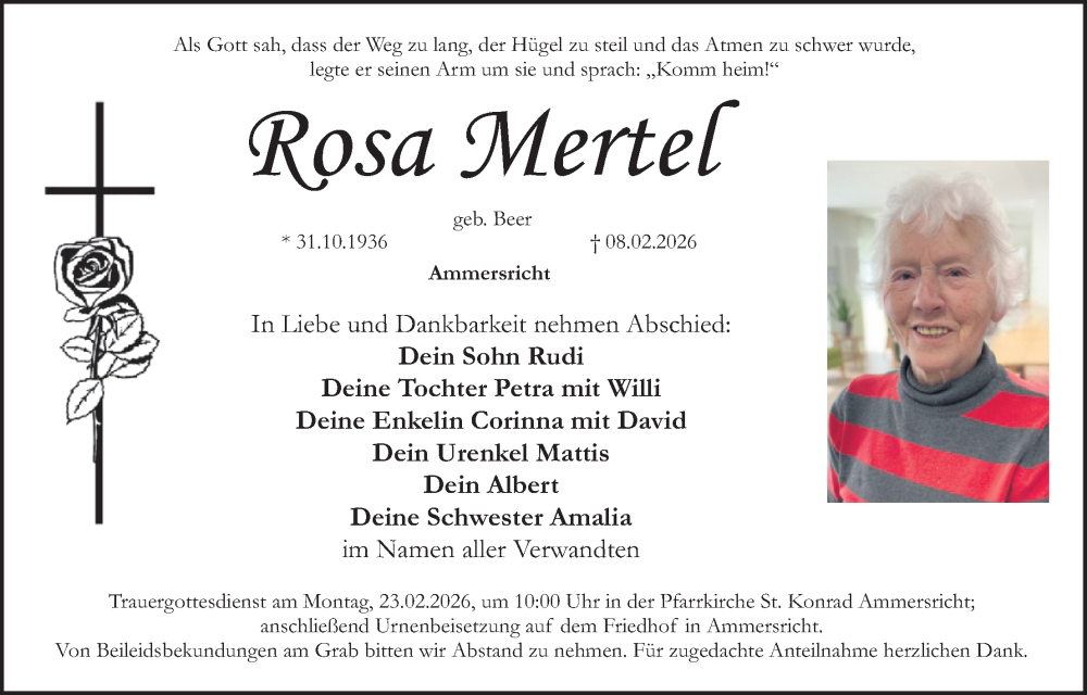  Traueranzeige für Rosa Mertel vom 14.02.2026 aus Hauptausgabe Amberg