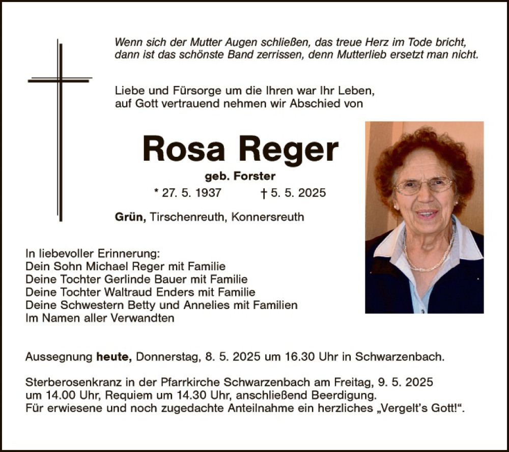 Traueranzeige für Rosa Reger vom 08.05.2025 aus Tirschenreuth + Eschenbach - Kemnath - Erbendorf