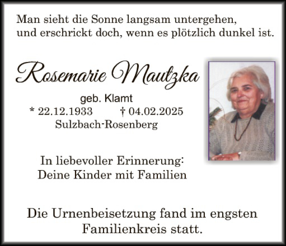  Traueranzeige für Rosemarie Mautzka vom 22.02.2025 aus Hauptausgabe Amberg