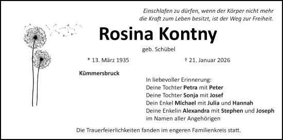 Traueranzeige von Rosina Kontny von Hauptausgabe Amberg