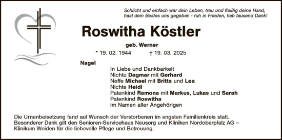 Traueranzeige von Roswitha Köstler von Tirschenreuth + Eschenbach - Kemnath - Erbendorf