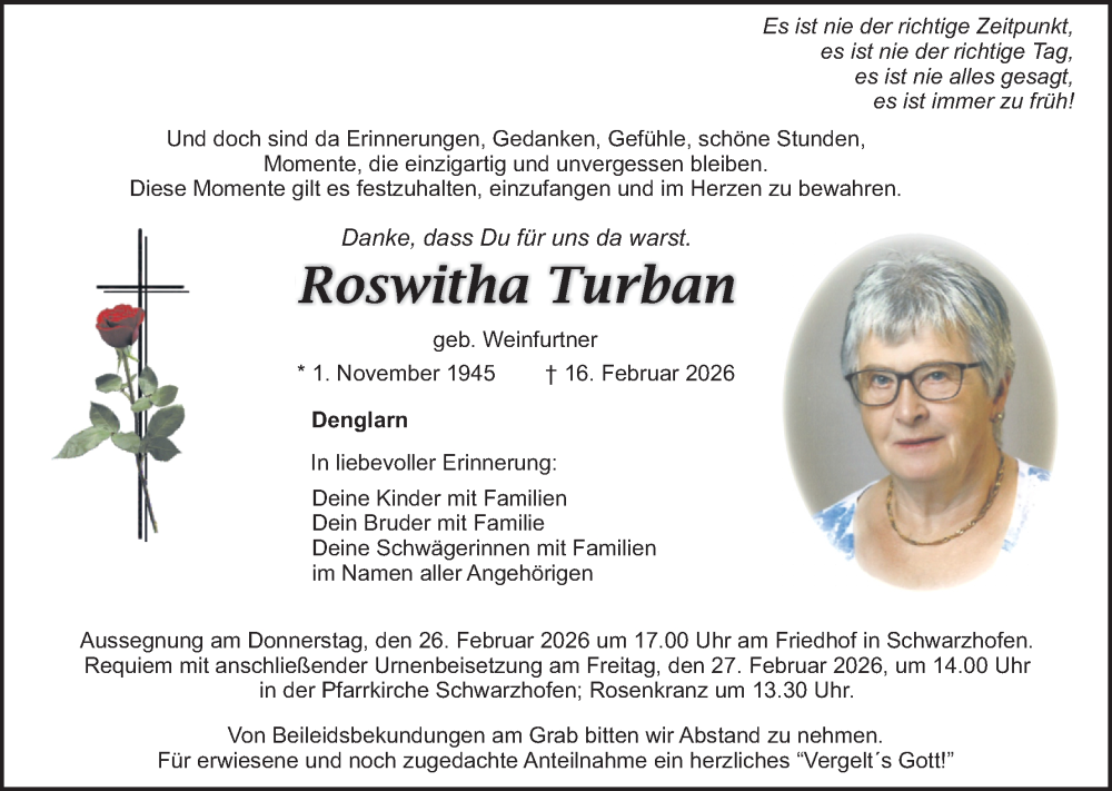  Traueranzeige für Roswitha Turban vom 25.02.2026 aus Landkreis Schwandorf