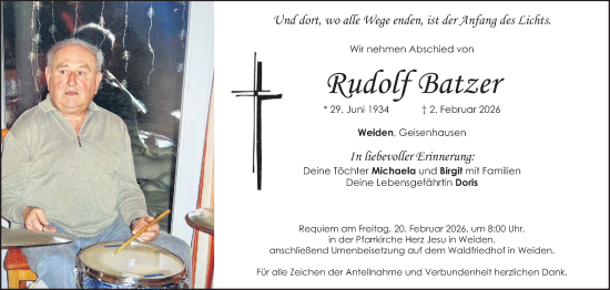 Traueranzeige von Rudolf Batzer von Hauptausgabe Weiden