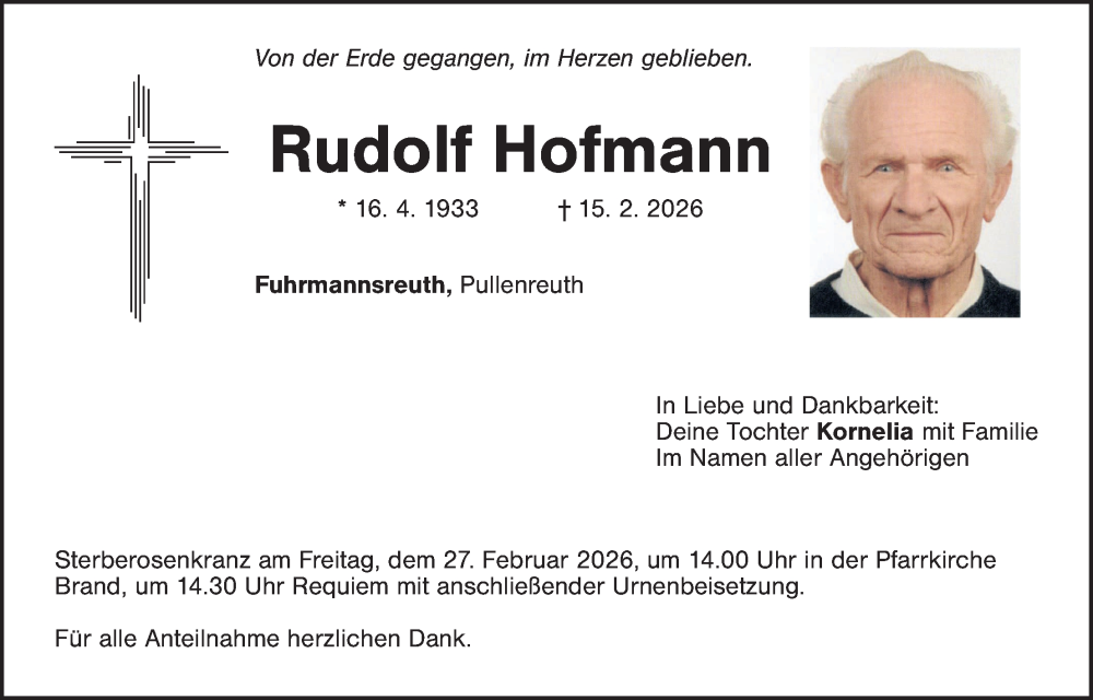  Traueranzeige für Rudolf Hofmann vom 24.02.2026 aus Tirschenreuth + Eschenbach - Kemnath - Erbendorf