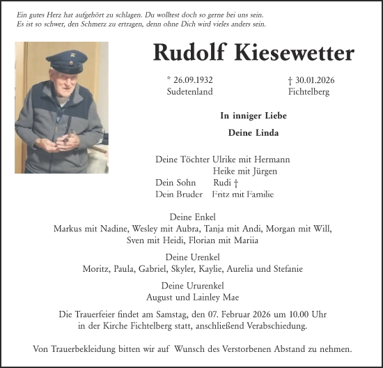Traueranzeige von Rudolf Kiesewetter von Tirschenreuth + Eschenbach - Kemnath - Erbendorf