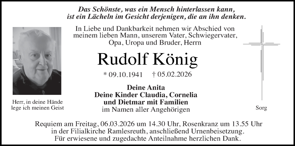  Traueranzeige für Rudolf König vom 28.02.2026 aus Tirschenreuth + Eschenbach - Kemnath - Erbendorf