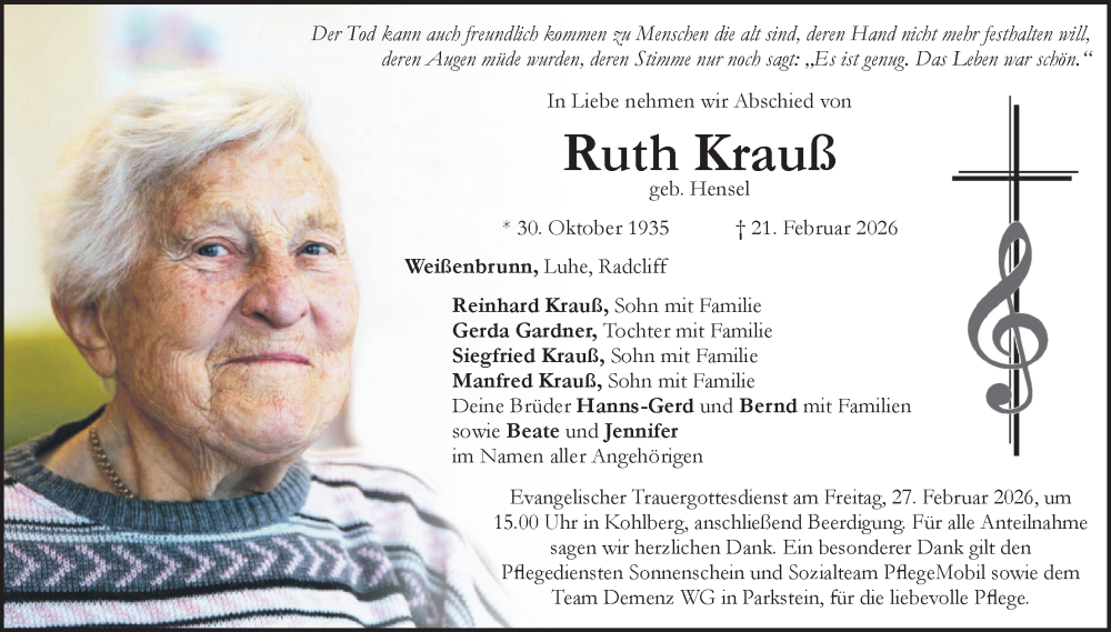  Traueranzeige für Ruth Krauß vom 25.02.2026 aus Hauptausgabe Weiden