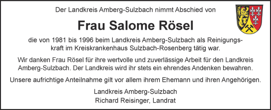 Traueranzeige von Salome Rösel von Hauptausgabe Amberg