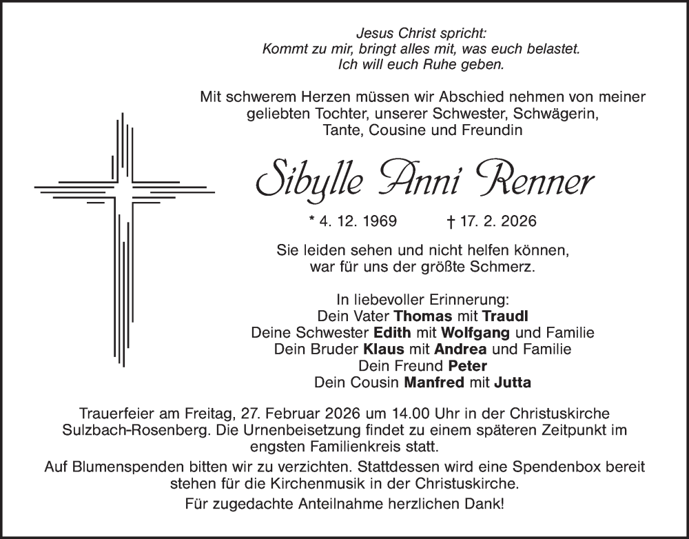  Traueranzeige für Sibylle Anni Renner vom 21.02.2026 aus Hauptausgabe Amberg