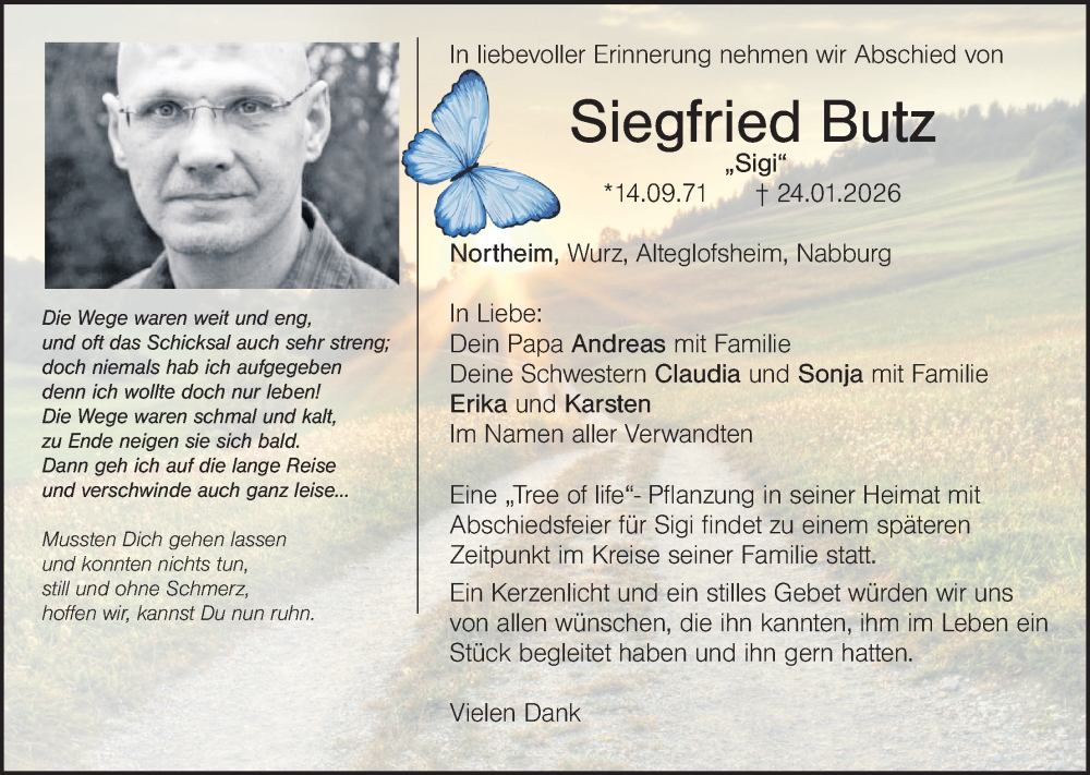  Traueranzeige für Siegfried Butz vom 04.02.2026 aus Hauptausgabe Weiden