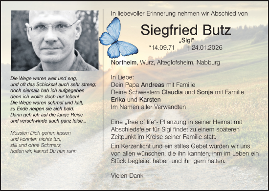 Traueranzeige von Siegfried Butz von Hauptausgabe Weiden