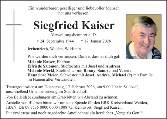 Traueranzeige von Siegfried Kaiser von Hauptausgabe Weiden