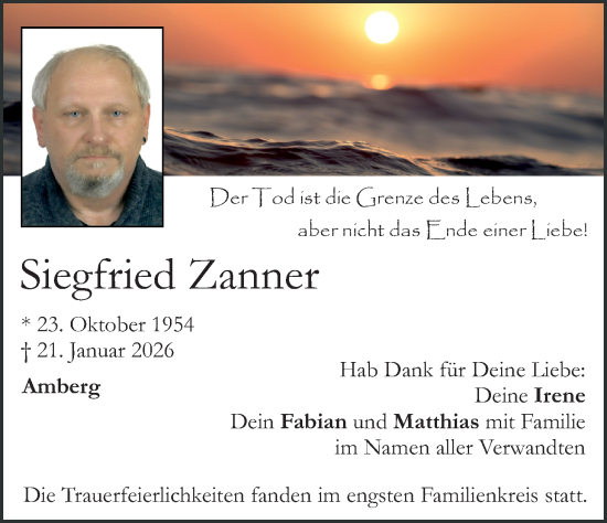 Traueranzeige von Siegfried Zanner von Hauptausgabe Amberg