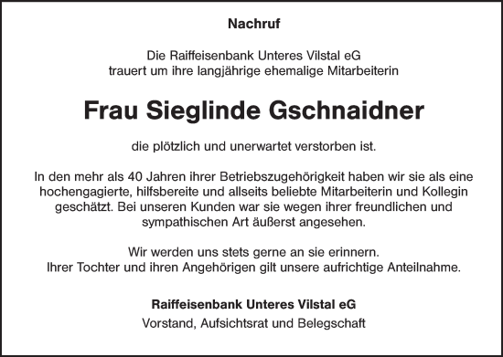 Traueranzeige von Sieglinde Gschnaidner von Hauptausgabe Amberg