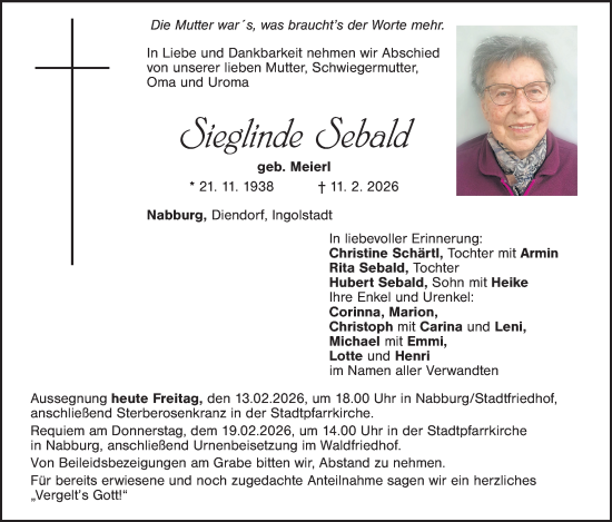 Traueranzeige von Sieglinde Sebald von Landkreis Schwandorf