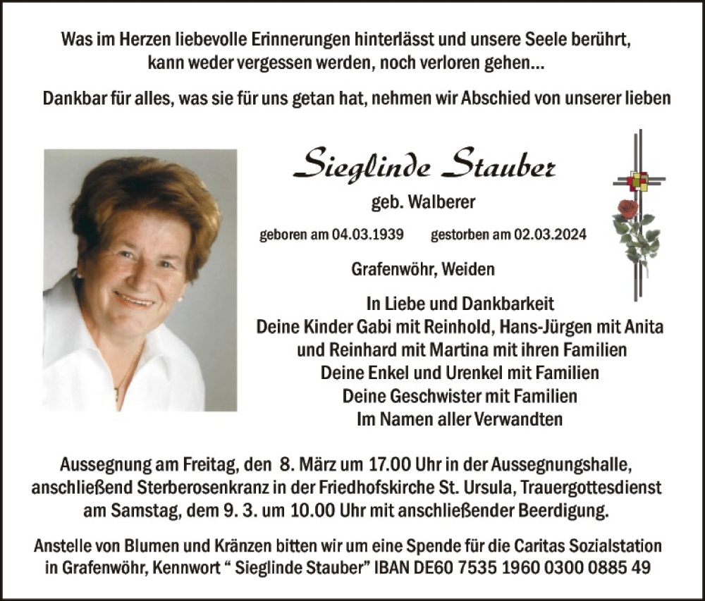  Traueranzeige für Sieglinde Stauber vom 06.03.2024 aus Tirschenreuth + Eschenbach - Kemnath - Erbendorf