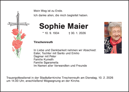 Traueranzeige von Sophie Maier von Hauptausgabe Weiden