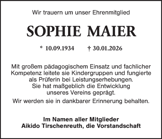 Traueranzeige von Sophie Maier von Tirschenreuth + Eschenbach - Kemnath - Erbendorf