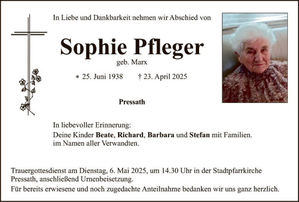  Traueranzeige für Sophie Pfleger vom 02.05.2025 aus Tirschenreuth + Eschenbach - Kemnath - Erbendorf