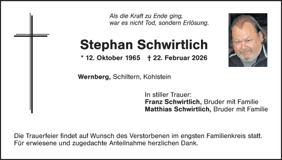 Traueranzeige von Stephan Schwirtlich von Landkreis Schwandorf