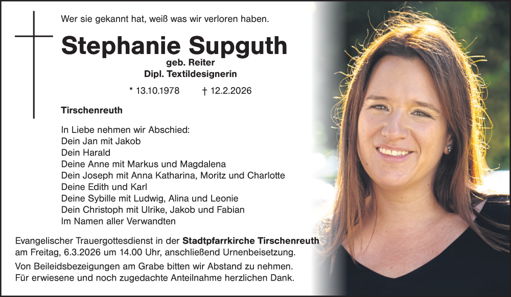  Traueranzeige für Stephanie Supguth vom 21.02.2026 aus Hauptausgabe Weiden