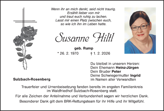 Traueranzeige von Susanne Hiltl von Eschenbach - Kemnath - Erbendorf + Sulzbach - Rosenberger Zeitung