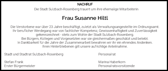 Traueranzeige von Susanne Hiltl von Hauptausgabe Amberg