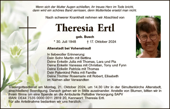 Traueranzeige von Theresia Ertl von Landkreis Schwandorf und Vohenstrauß
