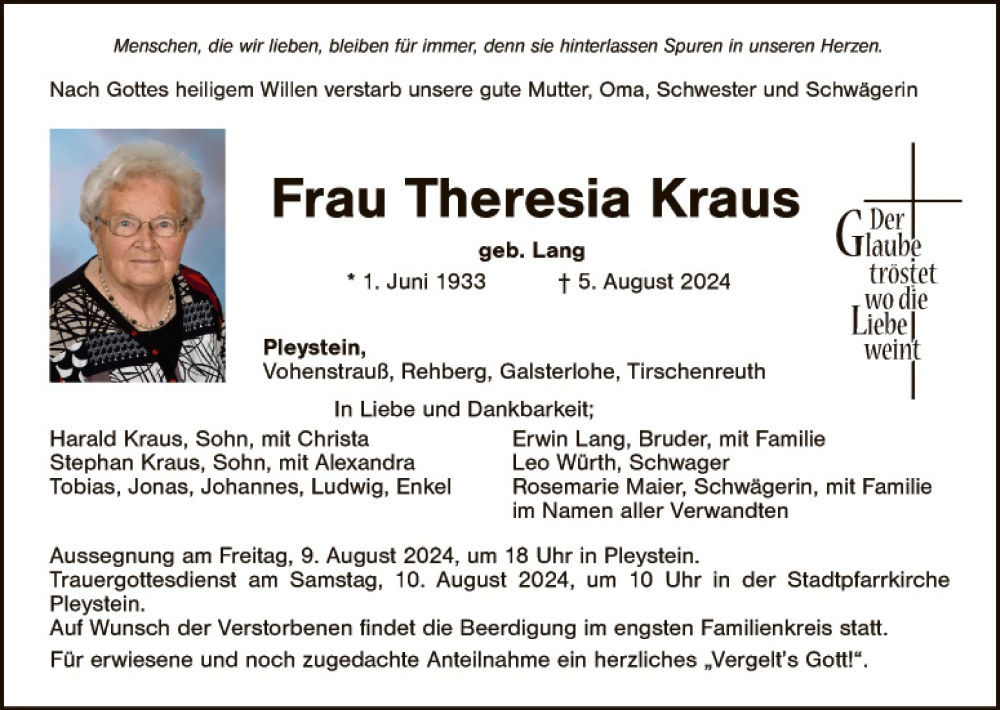 Traueranzeige für Theresia Kraus vom 08.08.2024 aus Landkreis Schwandorf und Vohenstrauß